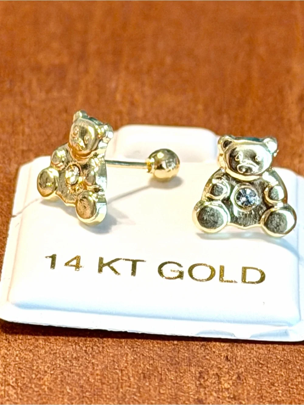 14 KT Gold Teddy Bear Stud Earrings for Kids - Polished Gold with ball screwback